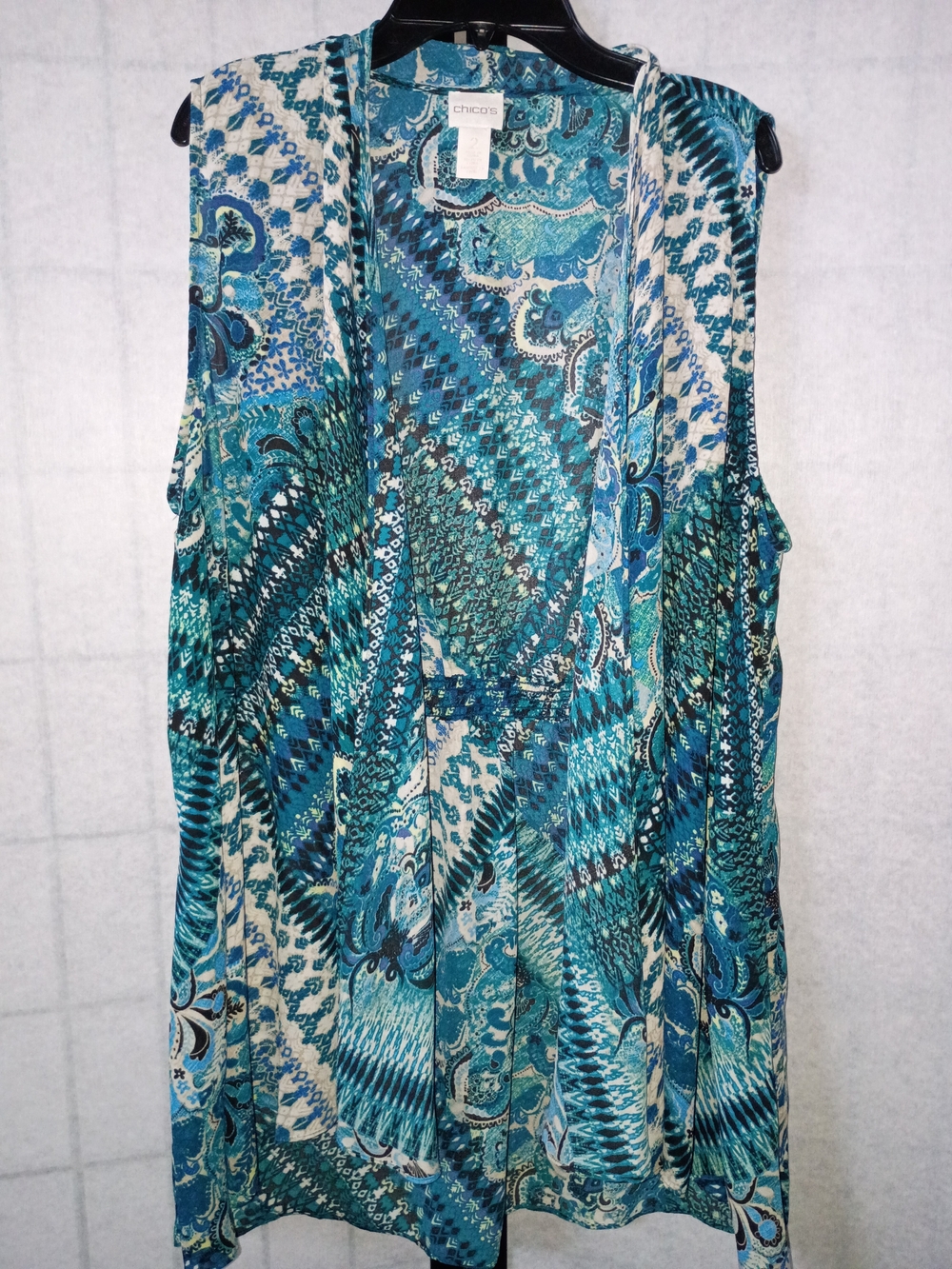 Chico's Teal Patterned Sleeveless Open Front Cardigan/Kimono Vest